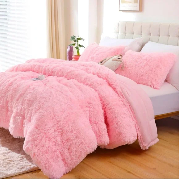 🎀 Full Sized Fuzzy Pink Duvet Cover & 2 Matching Pillowcase Shams - Picture 1 of 5
